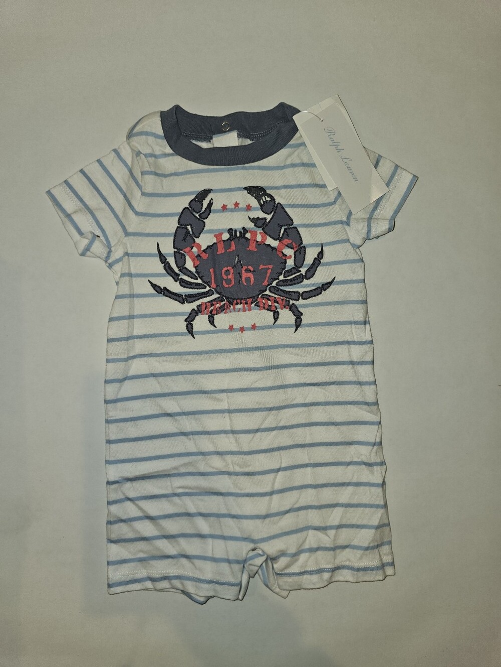 NWT | 6M | Ralph Lauren | White Blue Striped Crab Nautical Romper